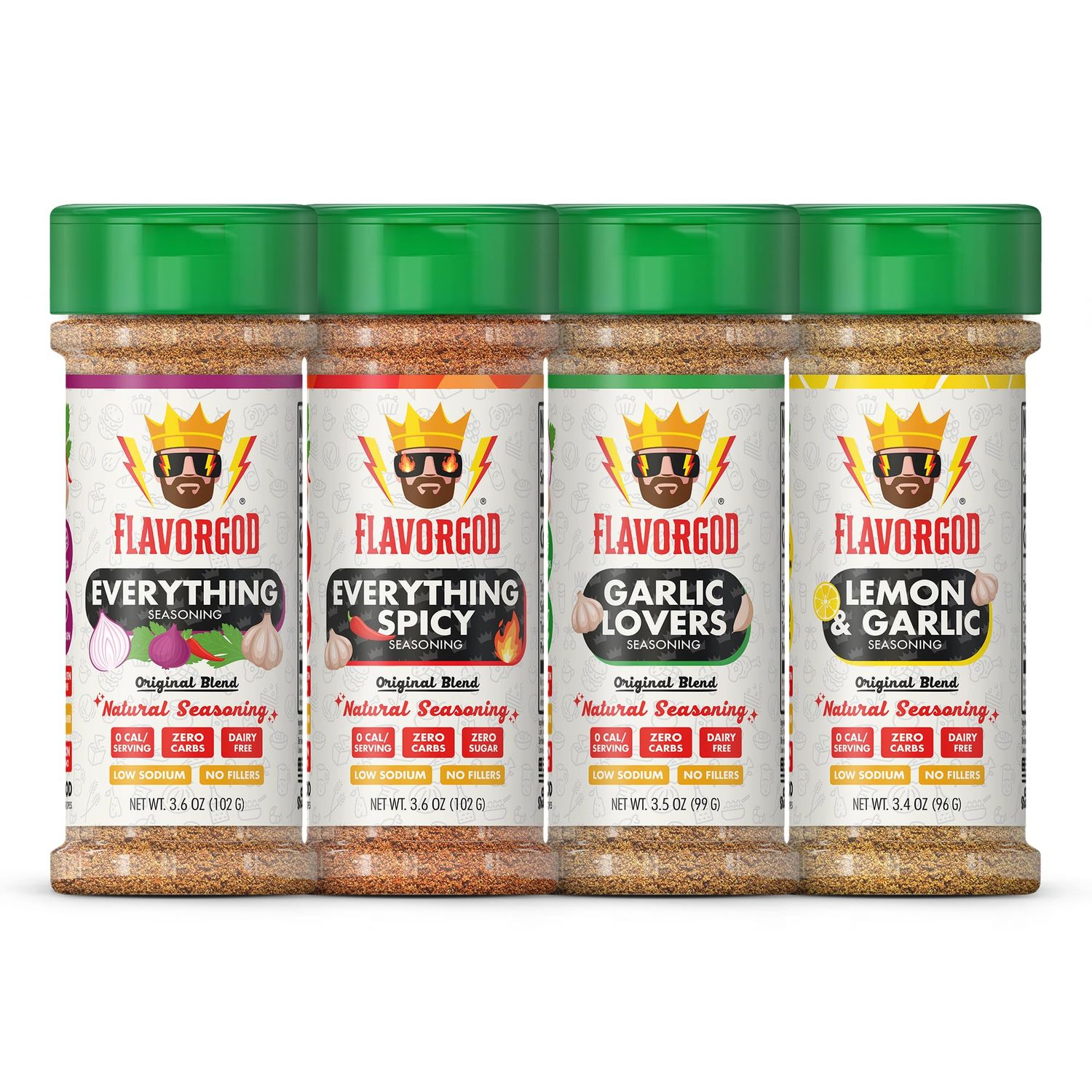 Flavor God Classic Combo Pack Of 4 Seasoning &amp; Spices for Cooking, Everything, Everything Spicy, Garlic Lovers, Lemon &amp; Garlic, Low Sodium, Healthy Herbs Keto Spice Set, Chicken, Beef, Seafood &amp; Eggs