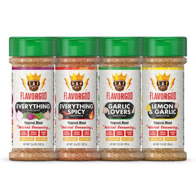 Flavor God Classic Combo Pack Of 4 Seasoning &amp; Spices for Cooking, Everything, Everything Spicy, Garlic Lovers, Lemon &amp; Garlic, Low Sodium, Healthy Herbs Keto Spice Set, Chicken, Beef, Seafood &amp; Eggs