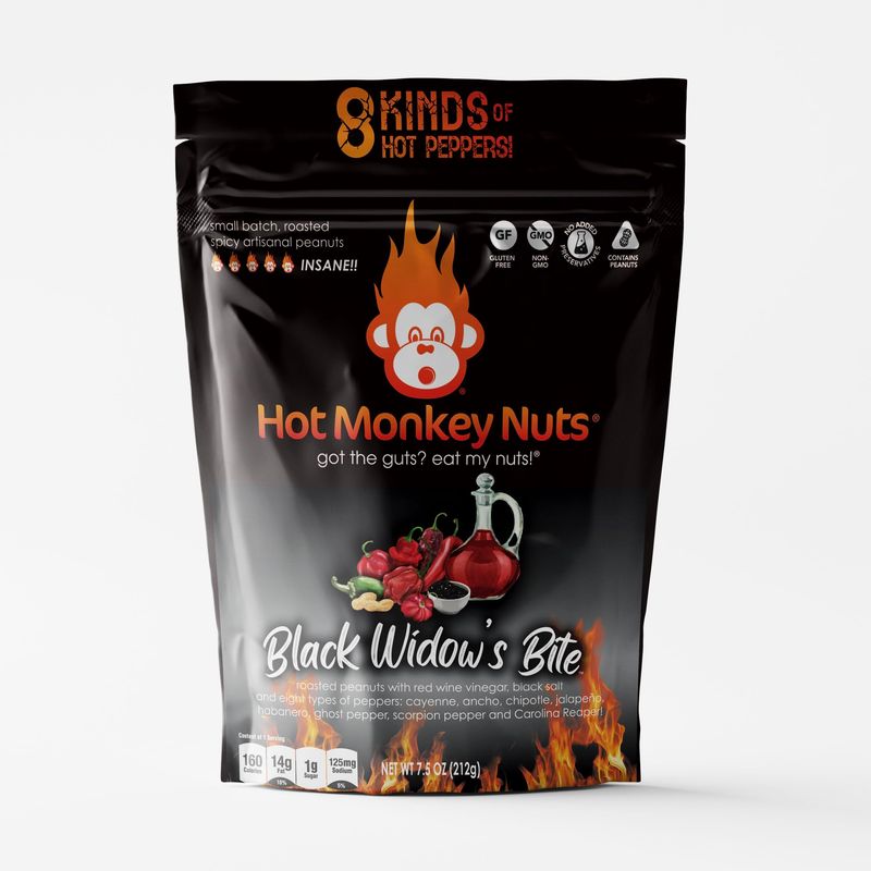 Hot Monkey Nuts Spicy Peanuts  Black Widows Bite  Red Wine Vinegar Black Lava Salt Carolina Reaper Trinidad Scorpion Ghost Pepper Habanero Jalapeno Chipotle Ancho Cayenne NonGMO Gluten Free Vegan