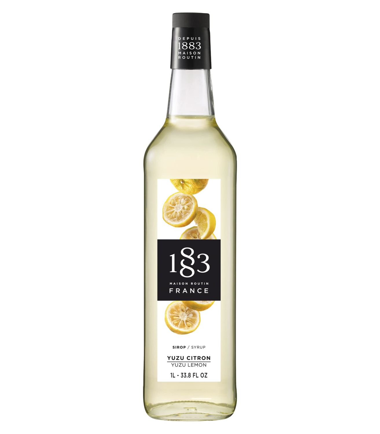 1883 Yuzu Lemon Syrup - Flavored Syrup for Hot &amp; Iced Beverages - Gluten-Free, Vegan, Non-GMO, Kosher, Preservative-Free, Made in France | Glass Bottle 1 Liter (33.8 Fl Oz)