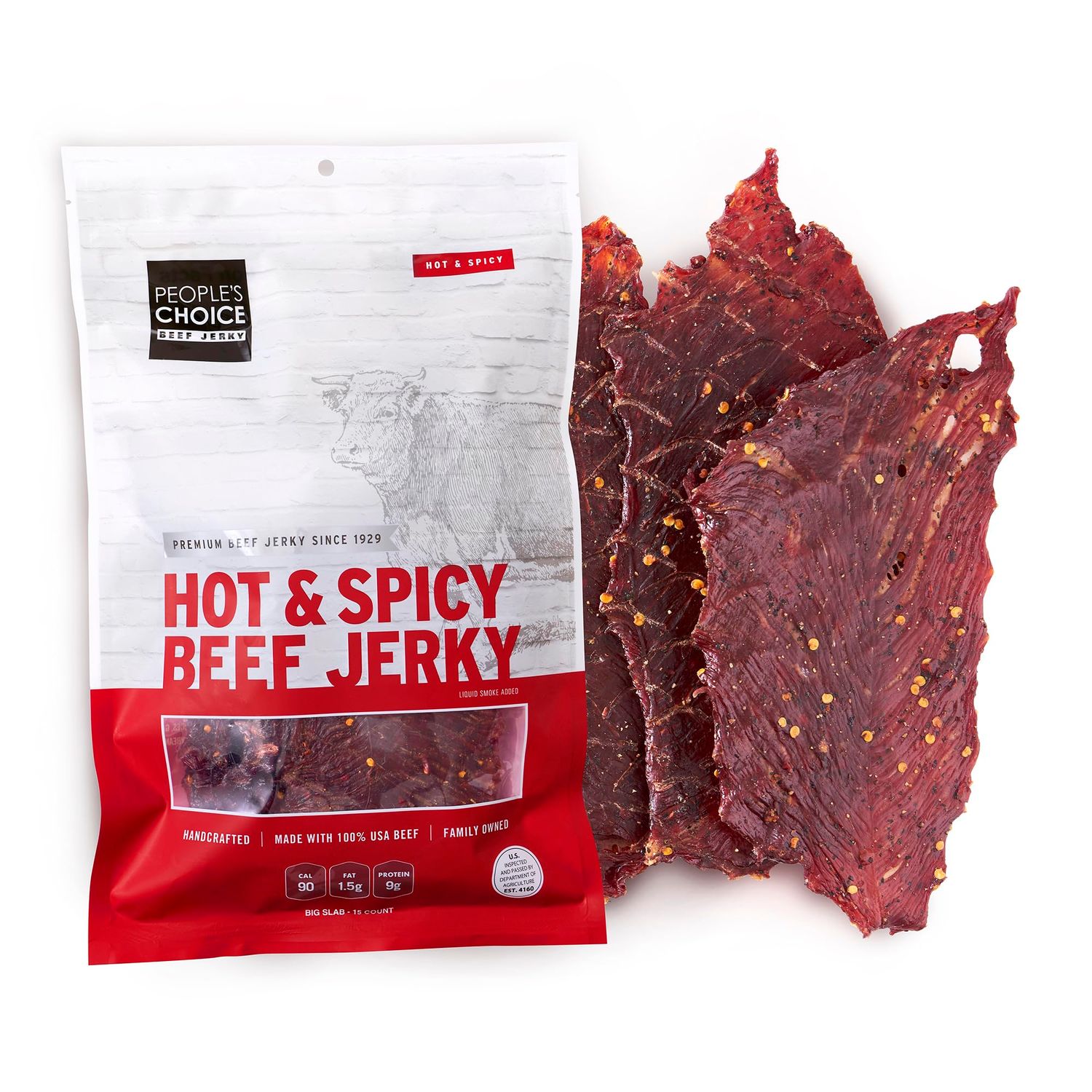 People&#39;s Choice Beef Jerky - Classic - Hot &amp; Spicy - Big Slab - Whole Muscle Premium Cuts - Bulk Jerky Package - Thin Sheets - Low Sodium Low Salt High Protein Meat Snack - 15 Count, 1 Bag