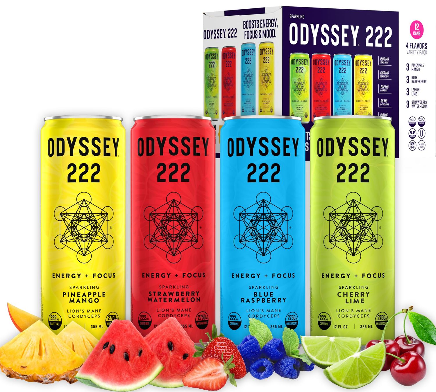 Odyssey 222 Energy Drink, Pre Workout, 222mg Caffeine, Clean Energy Drinks, L Theanine, Lions Mane, Cordyceps &amp; Green Tea for Energy, Focus &amp; Mood Boost, Low Calorie, Variety Pack, 12 Fl oz, 12 Pack