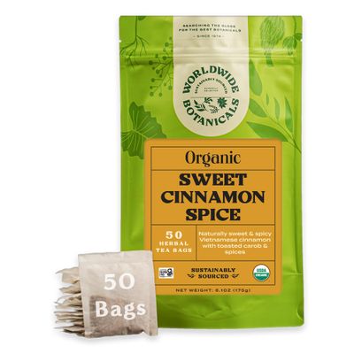 Worldwide Botanicals Sweet Cinnamon Spice Herbal Tea - Organic, Caffeine Free, Kosher, Naturally Sweet, 50% More Herbs - 50 Tagless Eco-Friendly Tea Bags