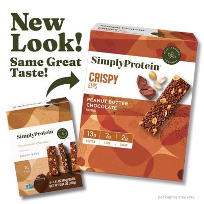 Simply Protein - Peanut Butter Chocolate Crispy Bars - Plant Based Protein Bars - Low Carb, Low Sugar, High Fiber - 13g Protein, 2g Sugar, 7g Fiber - Vegan, Gluten Free, Non GMO, Kosher - 32 Bars