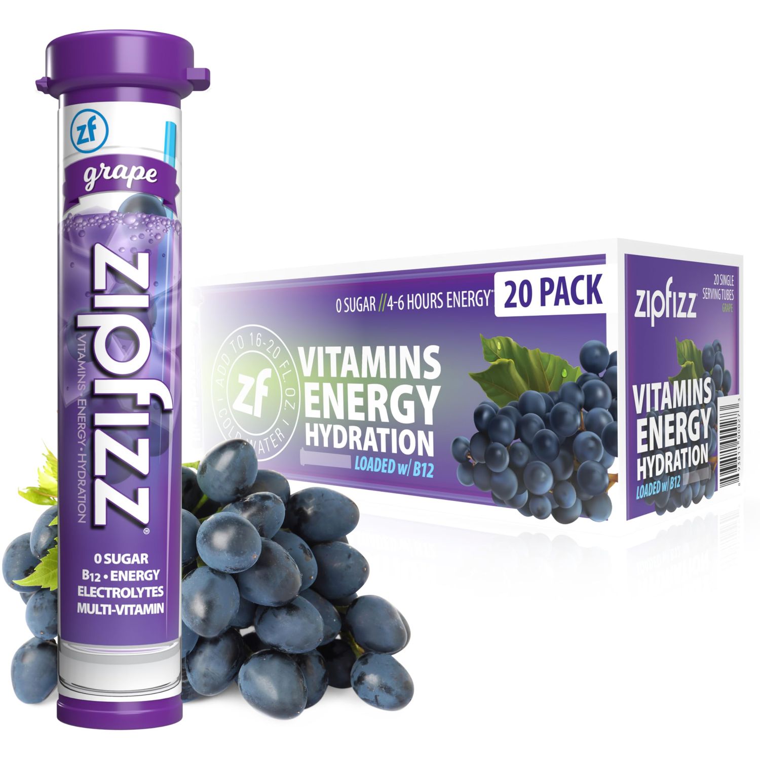 Zipfizz Daily Energy Drink Powder, Grape, 20 Pack | 3-in-1 Sustained Energy, Rapid Hydration, and Essential Vitamins | Sugar-Free | Electrolyte Powder | Contains Vitamin B-12 &amp; Antioxidants