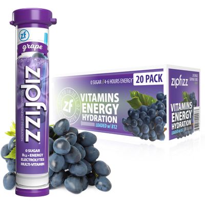 Zipfizz Daily Energy Drink Powder, Grape, 20 Pack | 3-in-1 Sustained Energy, Rapid Hydration, and Essential Vitamins | Sugar-Free | Electrolyte Powder | Contains Vitamin B-12 &amp; Antioxidants