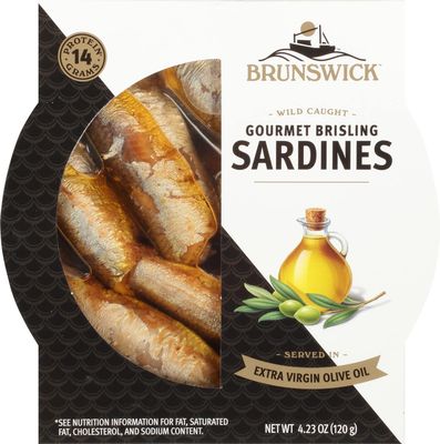 Brunswick Wild Caught Gourmet Brisling Sardines in Extra Virgin Olive Oil, 4.23 oz Can - Wild Caught Sardines - 14g Protein per Serving - Gluten Free, Keto Friendly