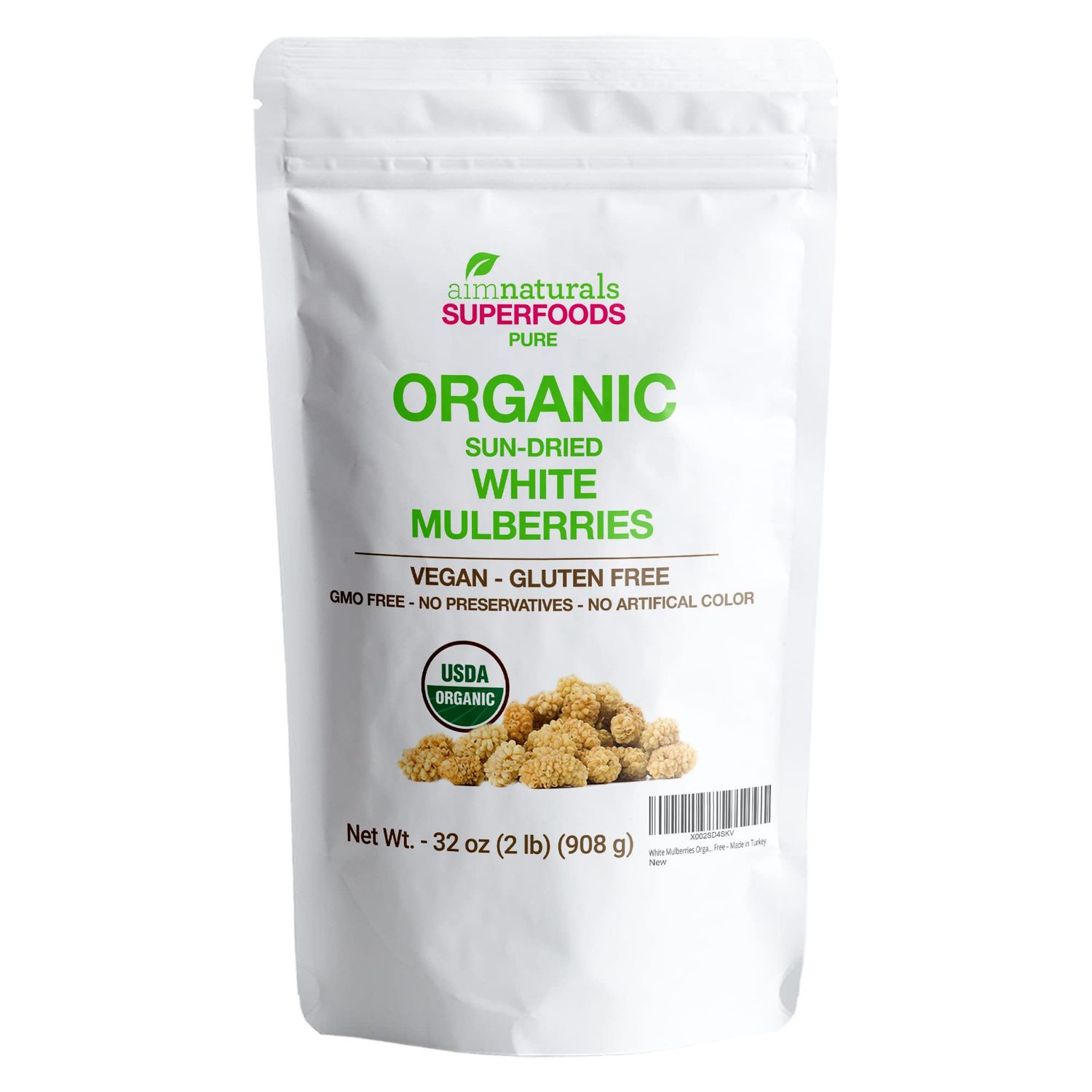 White Mulberries Dried Organic Bulk 2 Lbs Bag- 100% USDA Organic Certified - Sun Dried, Raw, Non GMO &amp; Gluten Free - Product of Turkey