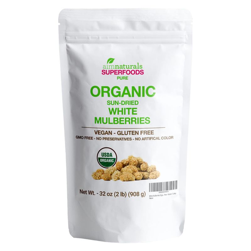 White Mulberries Dried Organic Bulk 2 Lbs Bag- 100% USDA Organic Certified - Sun Dried, Raw, Non GMO &amp; Gluten Free - Product of Turkey