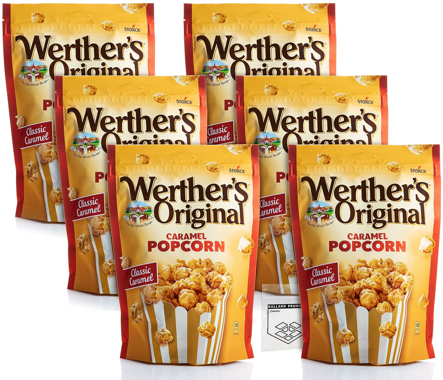 Werther&#39;s Original Caramel Popcorn Pack of 6 Bags of Classic Caramel Popped Popcorn - Popped Kettle Corn Snack Bags - Bundle with Ballard Products Pocket Bag