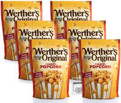 Werther&#39;s Original Caramel Popcorn Pack of 6 Bags of Classic Caramel Popped Popcorn - Popped Kettle Corn Snack Bags - Bundle with Ballard Products Pocket Bag