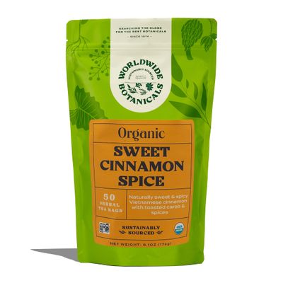 Worldwide Botanicals Sweet Cinnamon Spice Herbal Tea - Organic, Caffeine Free, Kosher, Naturally Sweet, 50% More Herbs - 50 Tagless Eco-Friendly Tea Bags