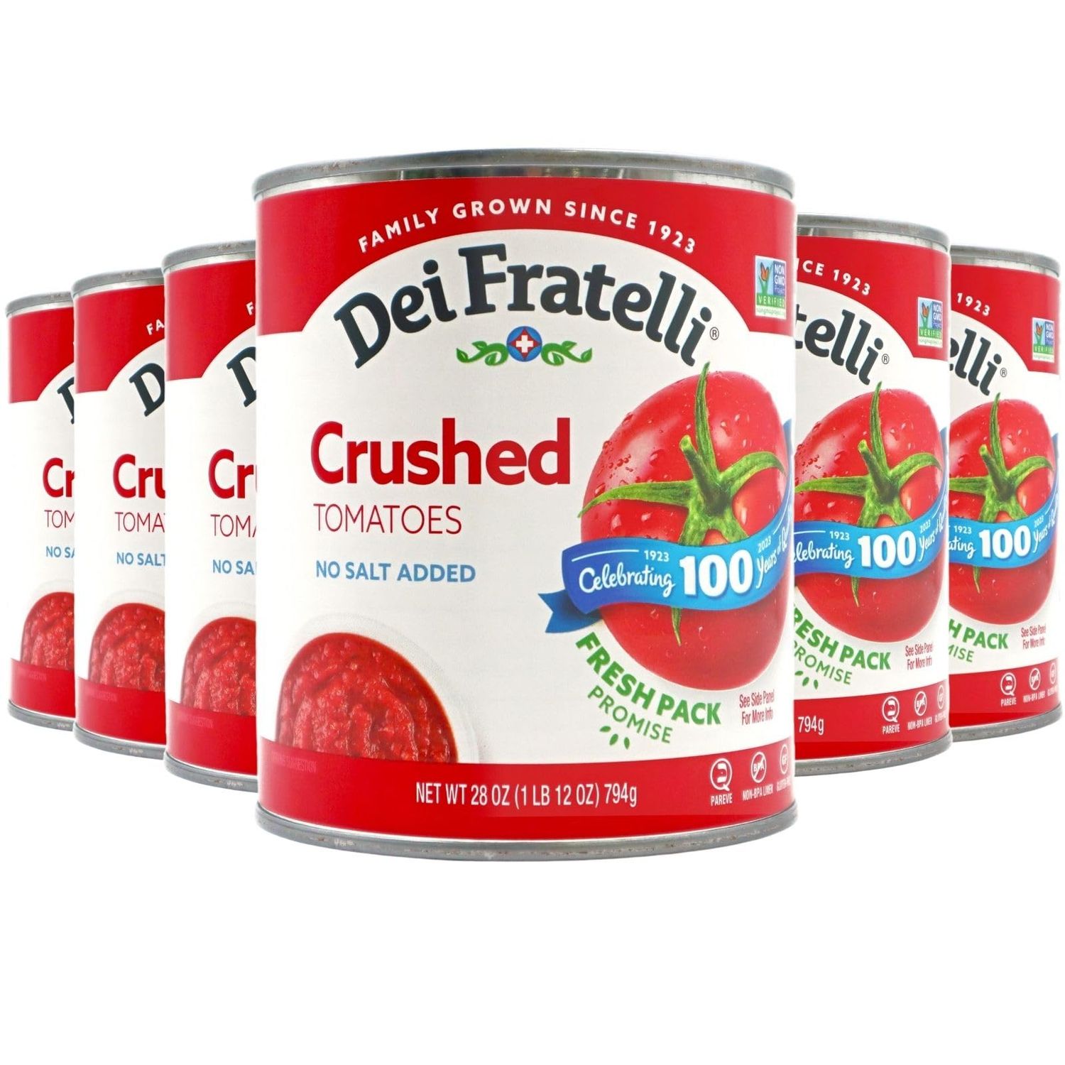 Dei Fratelli Crushed Tomatoes (28 oz. cans; 6 pack) - No Water Added - Never from Tomato Paste - 5th Generation Recipe