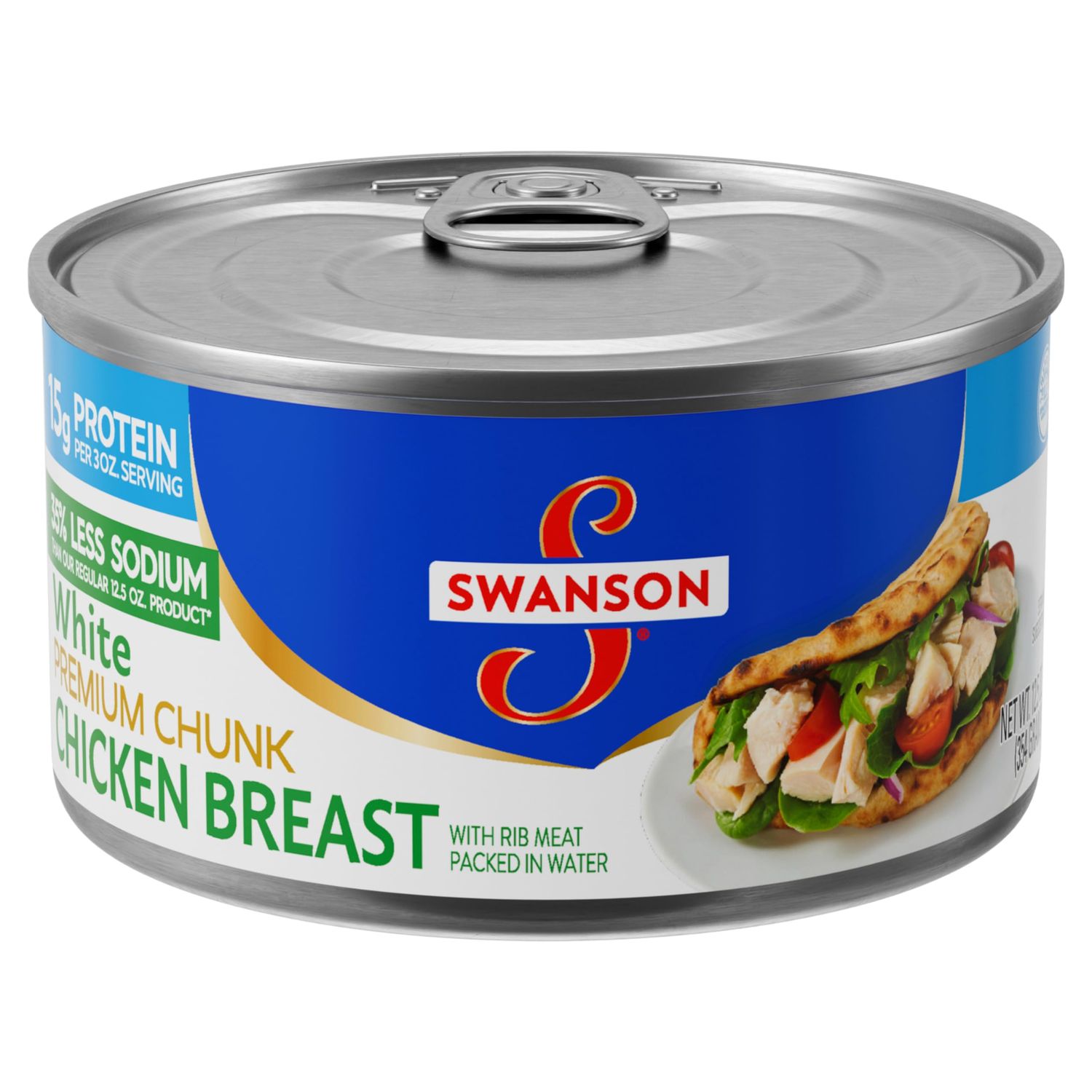 Swanson 35% Less Sodium White Premium Chunk Canned Chicken Breast in Water, Fully Cooked Chicken, 12.5 OZ Can