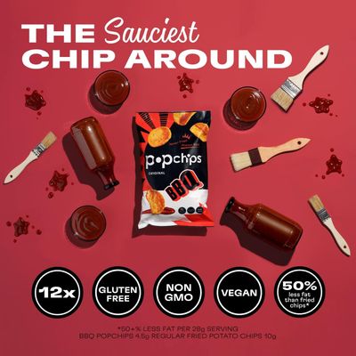 Popchips Potato Chips, BBQ, 12ct Single Serve 0.8oz Bags, Low-Calorie and Gluten Free, Salty Snacks for Adults and Children, Non-GMO, Vegan &amp; Kosher Friendly, 100 Calories Per Bag