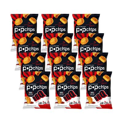 Popchips Potato Chips, BBQ, 12ct Single Serve 0.8oz Bags, Low-Calorie and Gluten Free, Salty Snacks for Adults and Children, Non-GMO, Vegan &amp; Kosher Friendly, 100 Calories Per Bag