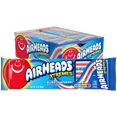 Airheads Xtremes Belts Sweetly Sour Candy, Bluest Raspberry Flavor, Holiday Christmas Stocking Stuffers for Adults &amp; Kids, Non-Melting, Movie Theater, 3 oz Packs (Bulk Box of 12 Packs)