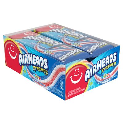 Airheads Xtremes Belts Sweetly Sour Candy, Bluest Raspberry Flavor, Holiday Christmas Stocking Stuffers for Adults & Kids, Non-Melting, Movie Theater, 3 oz Packs (Bulk Box of 12 Packs)