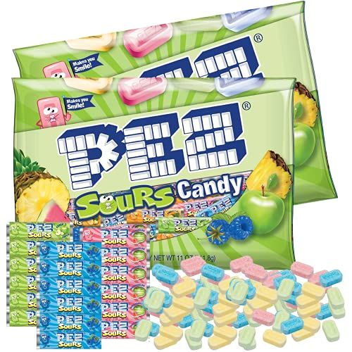 Bulk Sour Pez Candies Refill Bags, Pineapple, Green Apple, Blue Raspberry, and Watermelon Hard Candy Sours, Pack of 2