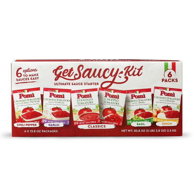 Pom Get Saucy Ultimate Sauce Starter Kit - 6-Pack Tomato Sauce Kit with Strained, Chopped &amp; Crushed Italian Tomatoes - No Salt, No Additives, BPA-Free, with Chili, Garlic, Basil &amp; Onion Flavor