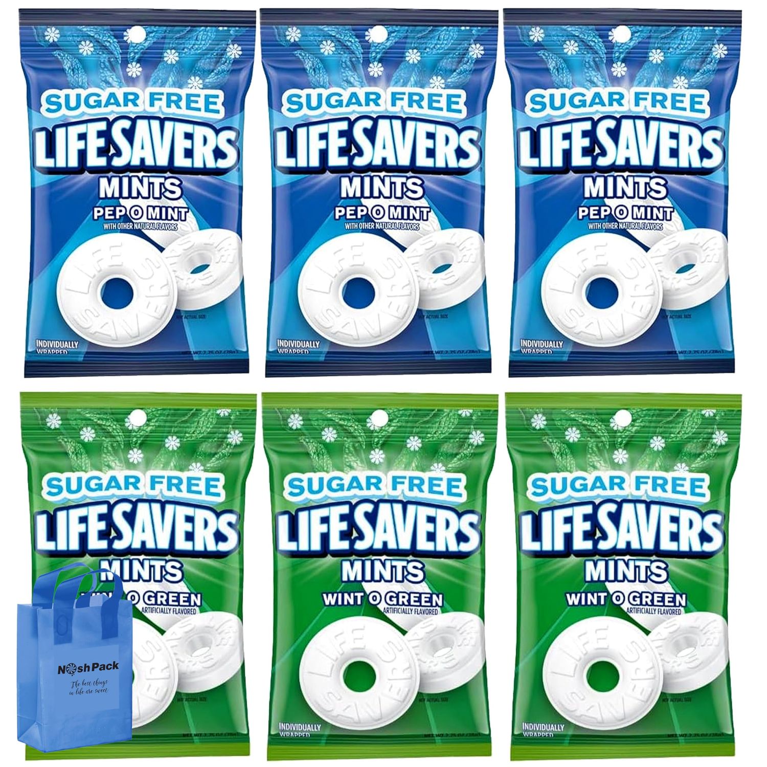 Sugar Free Life Mints Variety Pack, 6 Pack Wintergreen and Peppermint Savers Hard Candy, 2.75 Ounce Sugarfree Saver Gift with Nosh Pack Bag