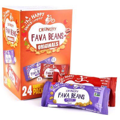 The Happy Snack Company Fava Beans Variety Pack 24 x 1 oz (Smoky BBQ Flavor and Pizza Flavor).Gluten free. Nut free. Dairy free. Non-GMO and Vegan. 5g Protein &amp; 130 Cals.