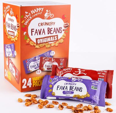 The Happy Snack Company Fava Beans Variety Pack 24 x 1 oz (Smoky BBQ Flavor and Pizza Flavor).Gluten free. Nut free. Dairy free. Non-GMO and Vegan. 5g Protein &amp; 130 Cals.