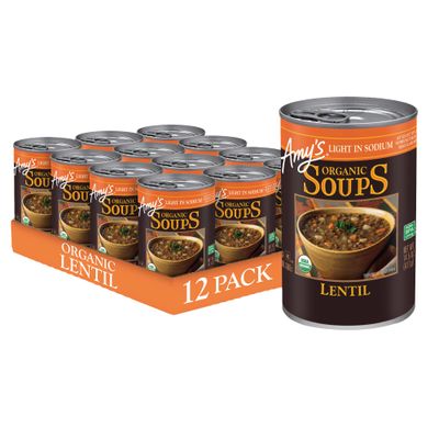 Amys Soup, Vegan Lentil Soup, Light in Sodium, Gluten Free, Made With Organic Green Lentils and Vegetables, Canned Soup, 14.5 Oz (12 Pack)