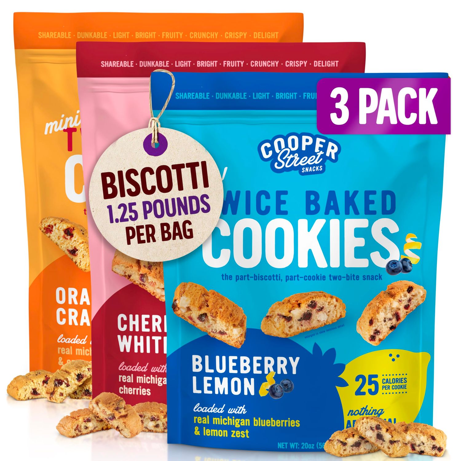 Cooper Street Cookies Twice Baked Italian Biscotti Cookies - Lemon Blueberry, Orange Cranberry and Cherry White Chunk | Crispy, Light and Healthy Cookies | Peanut &amp; Dairy Free | 20oz | 3 Pack
