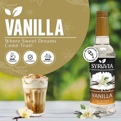Syruvia 4 Pack Vanilla Syrup for Coffee - Smooth Vanilla Coffee Syrup Flavor, 25.4 fl oz, Kosher, Gluten Free, Perfect for Vanilla-Infused Coffee, Drinks, Desserts, and More, No Coloring,
