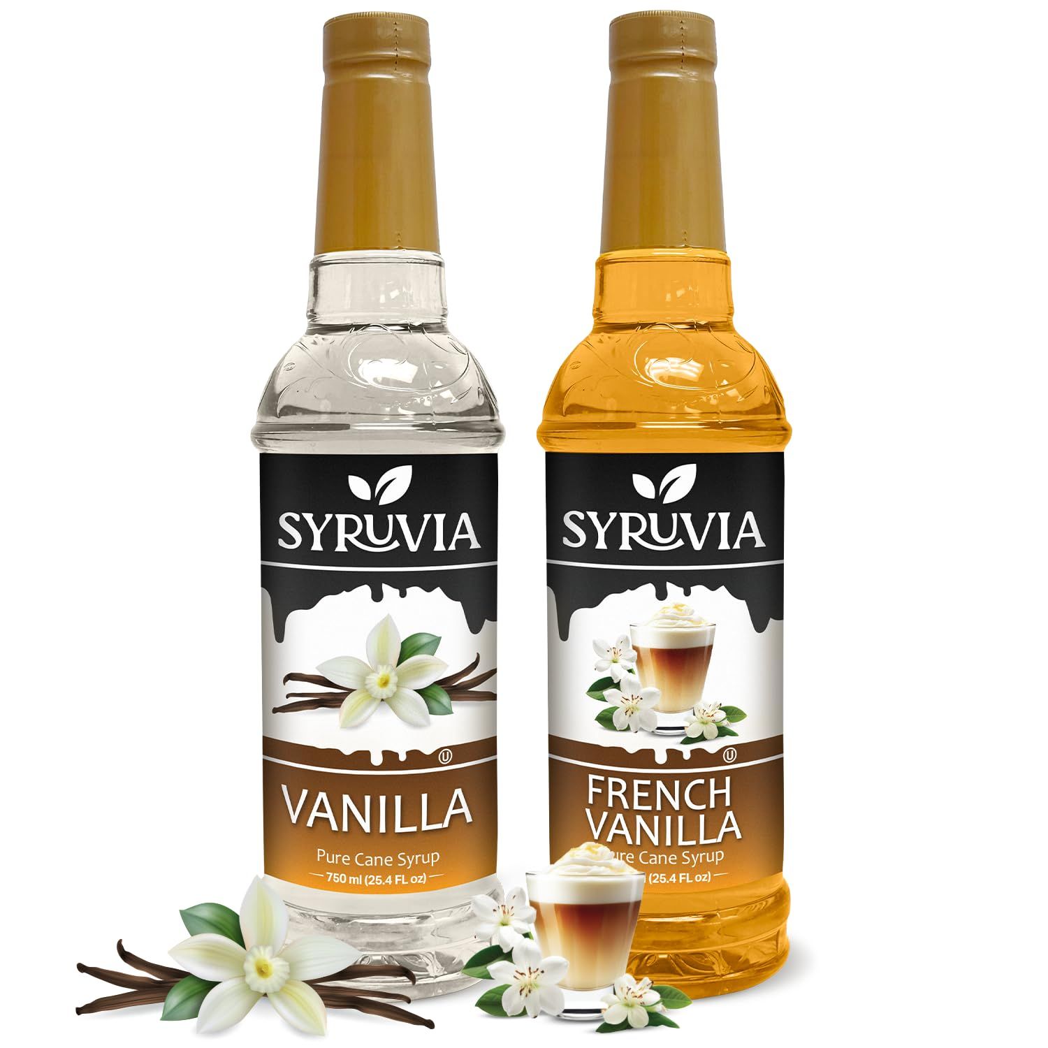 Syruvia Coffee Syrup Variety Pack - Vanilla &amp; French Vanilla- Gluten-Free, Kosher, 25.4 fl oz Bottles - Enhance Your Coffee Experience with Premium Flavoring Syrups