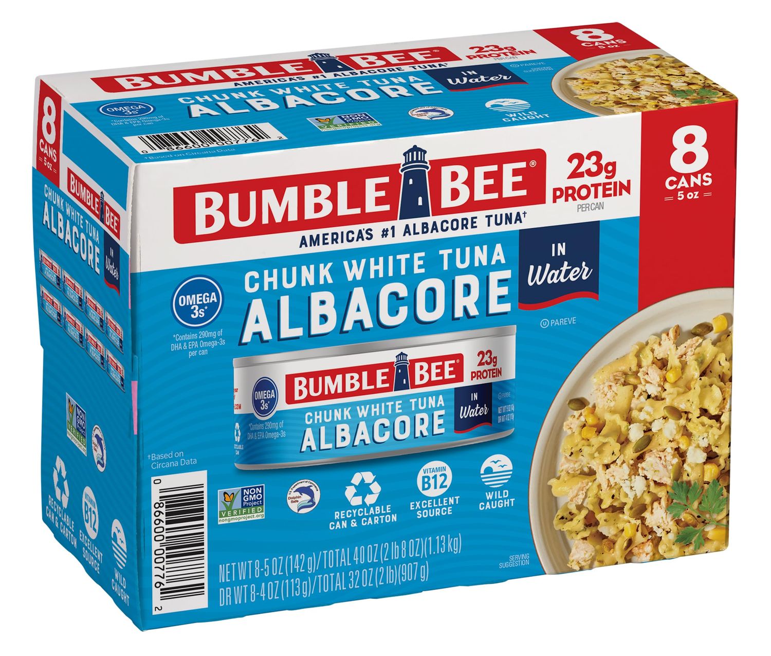 Bumble Bee Chunk White Albacore Tuna in Water, 5 oz Can (Pack of 8) - Wild Caught Tuna - 23g Protein per Serving, High in Omega-3s - Non-GMO Project Verified, Gluten Free, Kosher