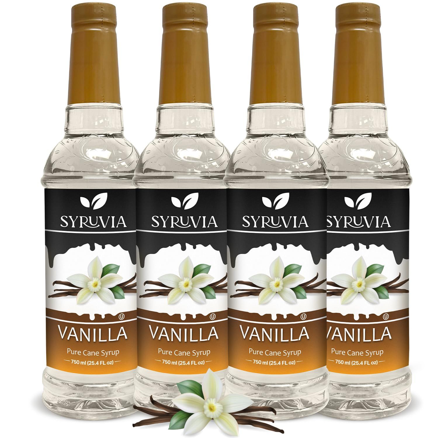 Syruvia 4 Pack Vanilla Syrup for Coffee - Smooth Vanilla Coffee Syrup Flavor, 25.4 fl oz, Kosher, Gluten Free, Perfect for Vanilla-Infused Coffee, Drinks, Desserts, and More, No Coloring,