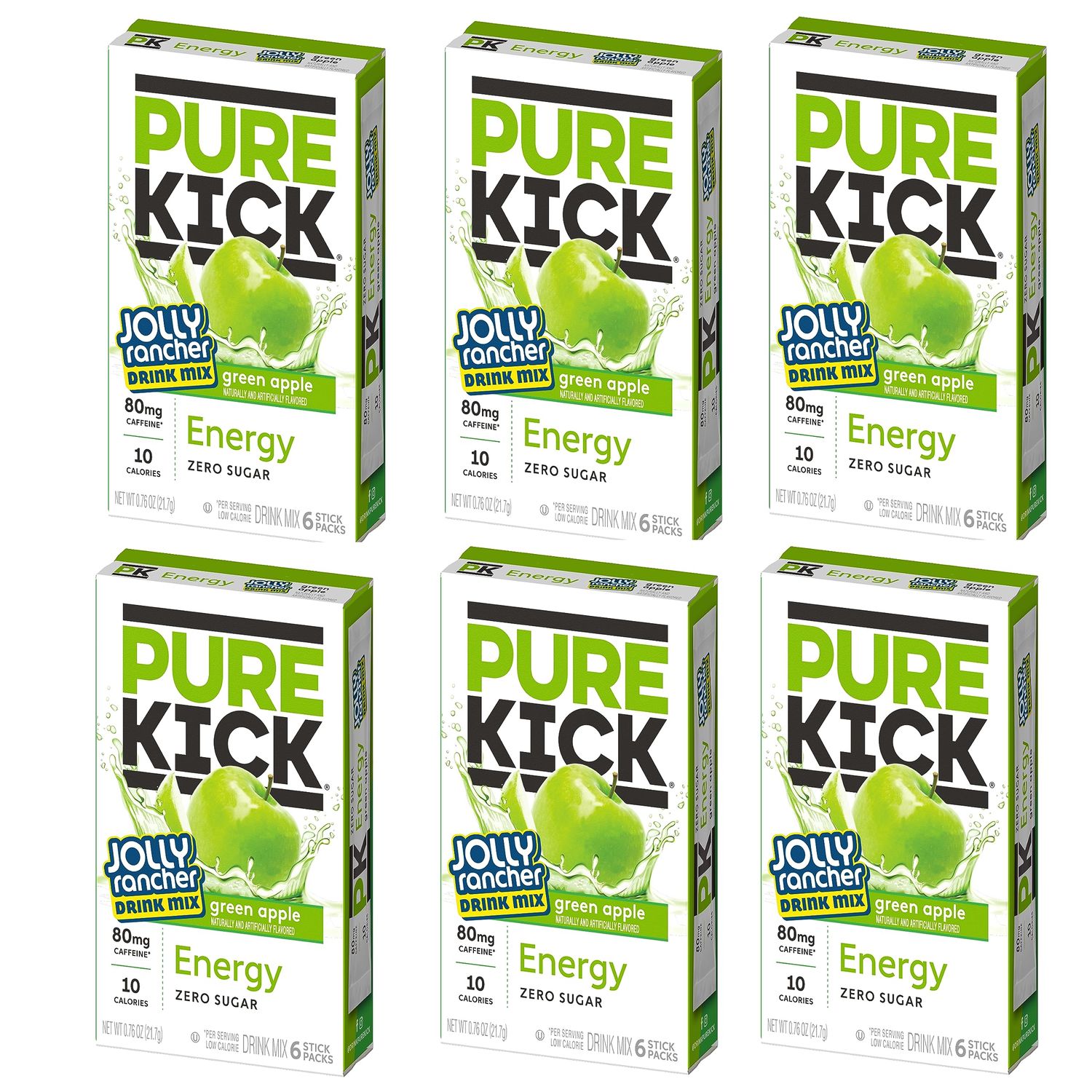 Pure Kick Singles To Go, Jolly Rancher Green Apple, Energy Drink Mix, 6 Sticks Per Box, 6 Boxes (36 Single Servings)
