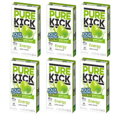 Pure Kick Singles To Go, Jolly Rancher Green Apple, Energy Drink Mix, 6 Sticks Per Box, 6 Boxes (36 Single Servings)