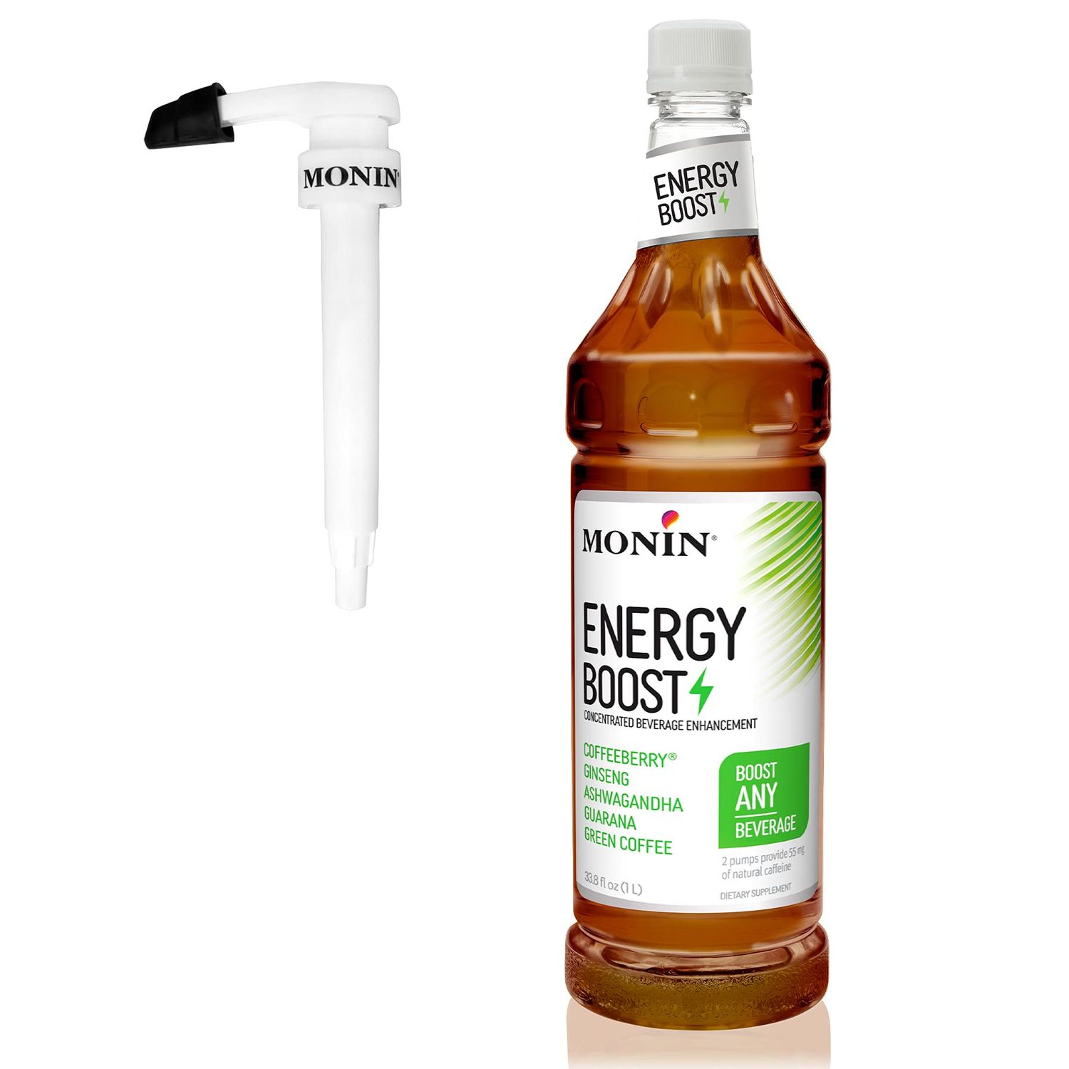 Monin - Energy Boost, Liquid Energy Supplement, Subtle Tea Flavor, Zero Added Sugar, Great for Coffee, Soda, &amp; More, Low-Calorie, Contains Natural Caffeine, Gluten-Free, Clean Label (1 Liter + Pump)