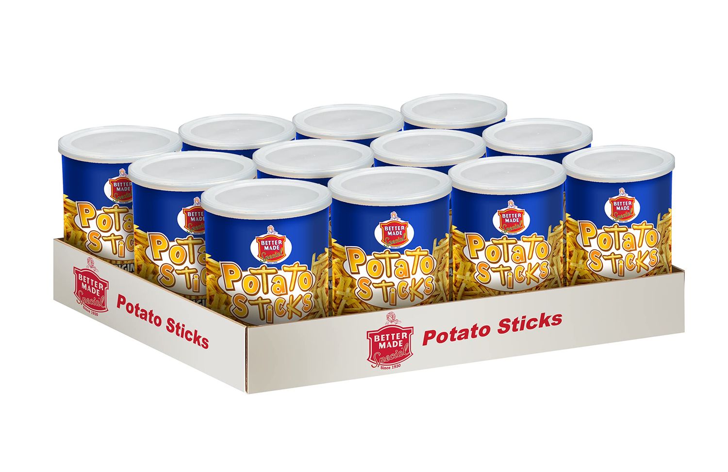 Better Made Potato Sticks 5oz Canister - (Original, 12 Can Tray) - Shoestring Potato Sticks - Gluten Free - Crunchy, Crispy Snack from Fresh Potatoes - Resealable Lid
