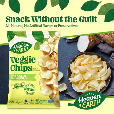 Heaven &amp; Earth Cassava Chips, 5oz (2 Pack) Gluten Free | Non GMO | Low Sodium | Thin &amp; Crisp Root Snack | Kosher
