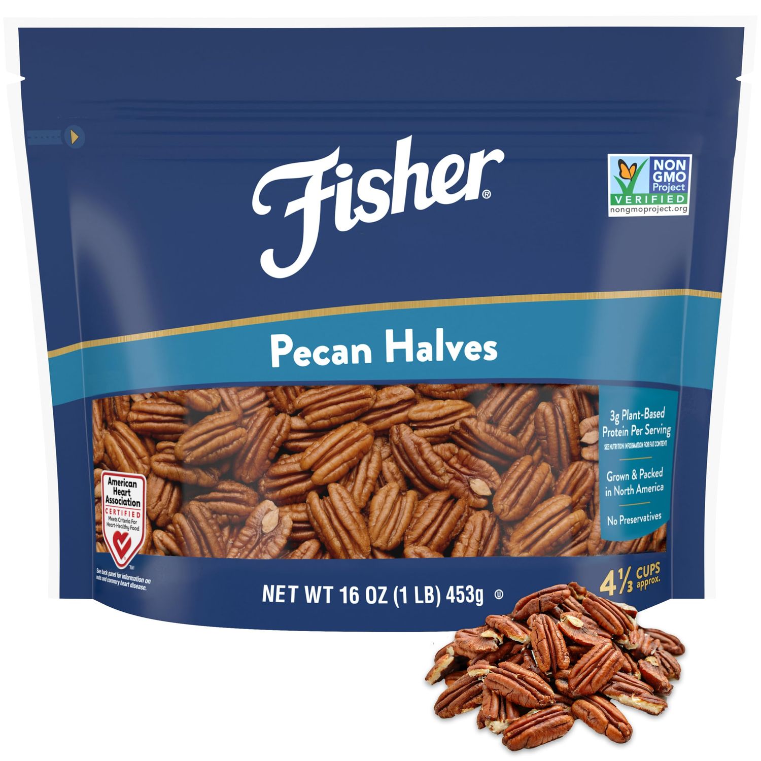 Fisher Chef&#39;s Naturals Pecan Halves 1 Lb Resealable Bag, Unsalted Raw Nuts for Cooking, Baking &amp; Snacking, Vegan Protein, Keto Snack, Gluten Free Raw Pecans Halves