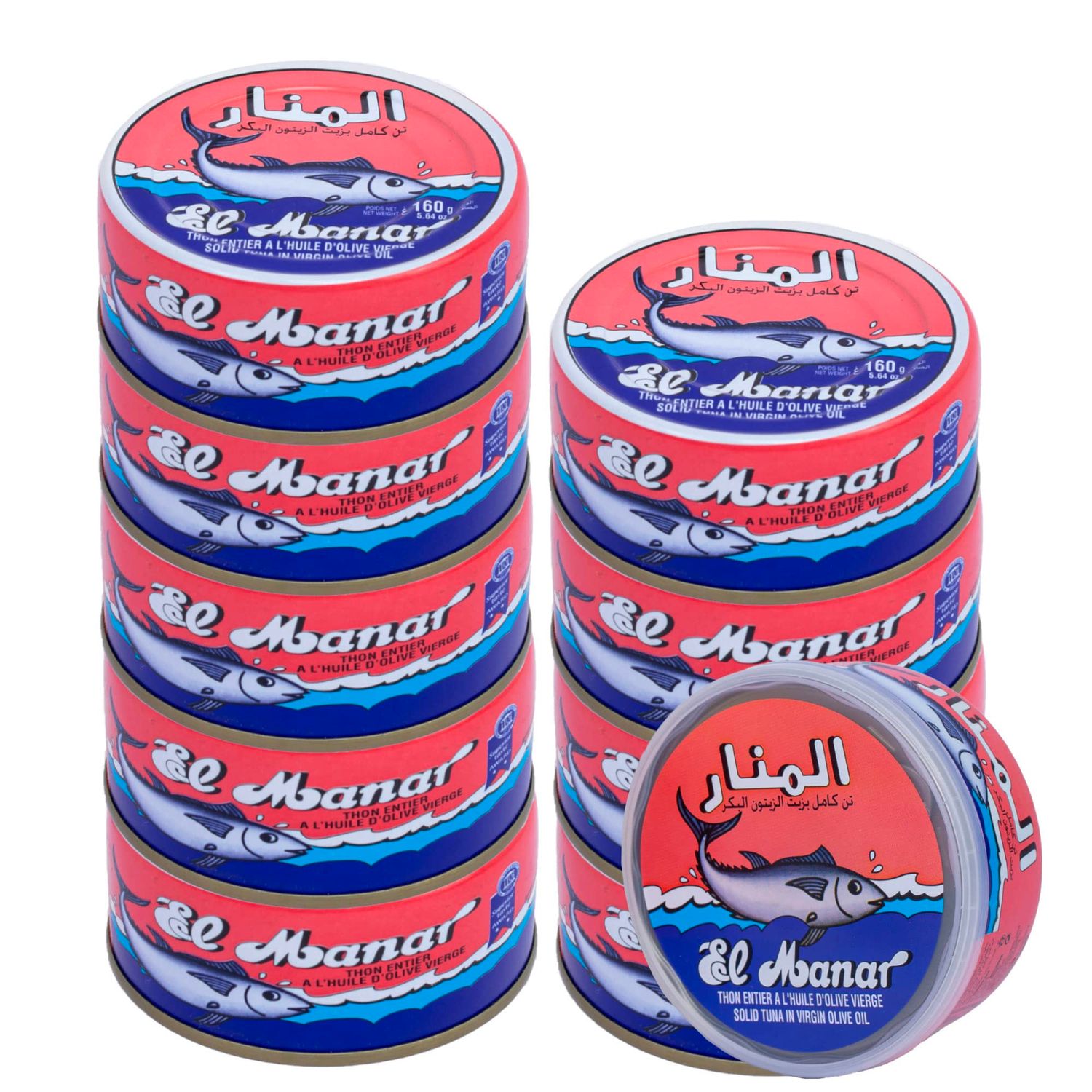 Solid Tuna in Virgin Olive Oil - Canned Tuna Fish in Cold Pressed Tunisian Olive Oil from El Manar - 10-Pack of 160g Cans