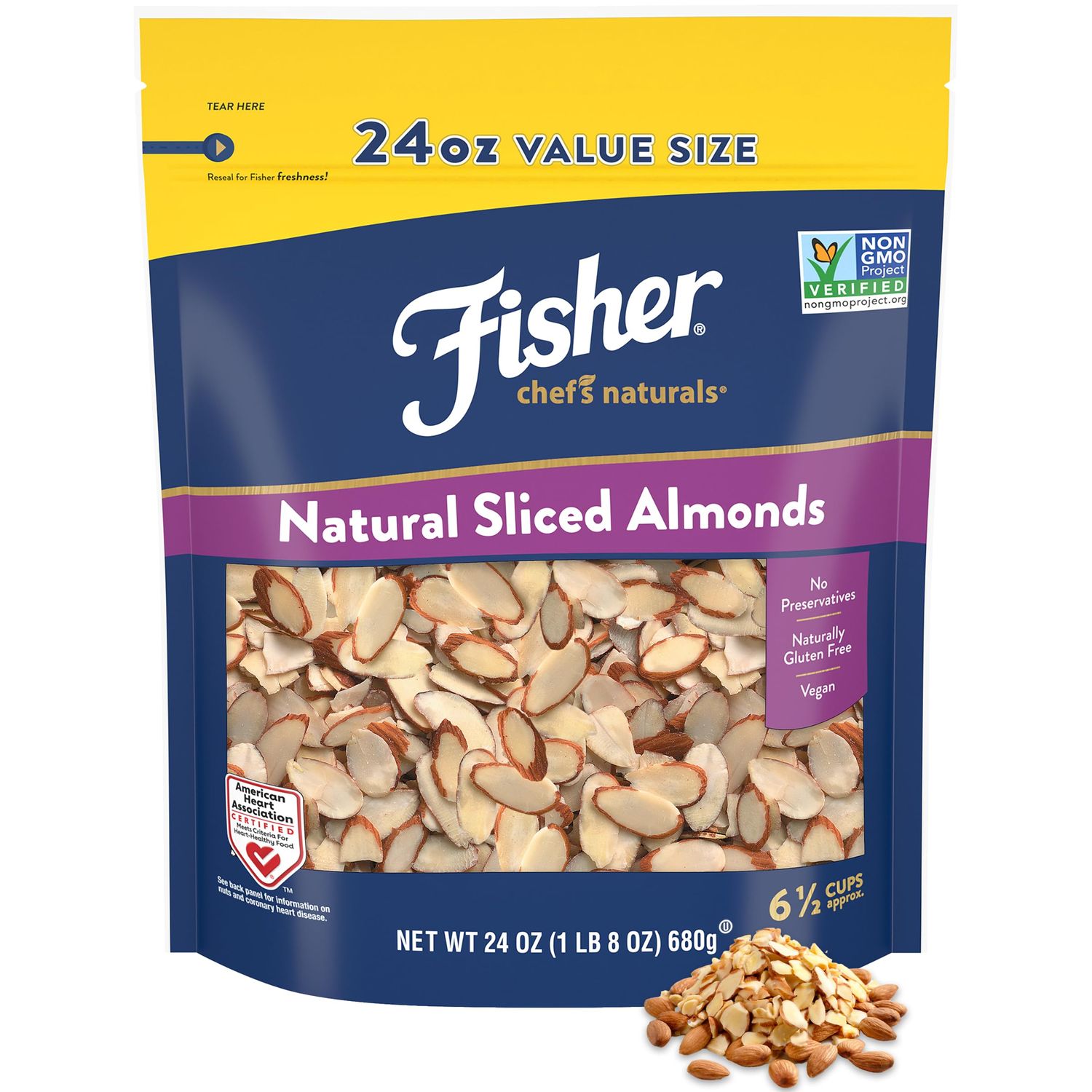 Fisher Chef&#39;s Naturals Unsalted Sliced Almonds 24oz Resealable Bag, Raw Nuts Perfect for Cooking, Baking &amp; Snacking, Vegan Protein, Keto Snack, Gluten Free