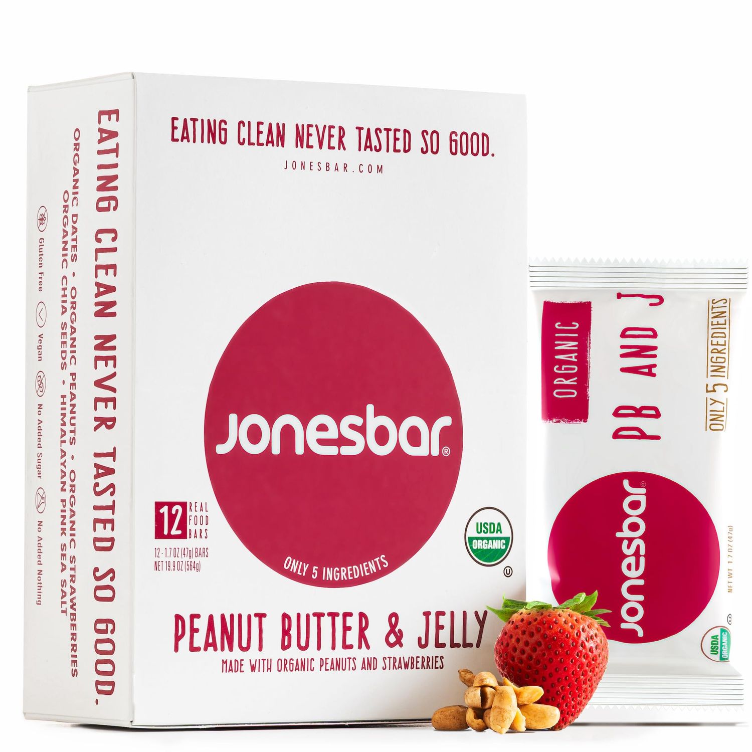JONESBAR (Peanut Butter and Jelly, 12 Count (Pack of 1)), USDA Organic Fruit &amp; Nut Bar, Non-GMO, Kosher, Vegan, Gluten Free, Simple Snack Bar