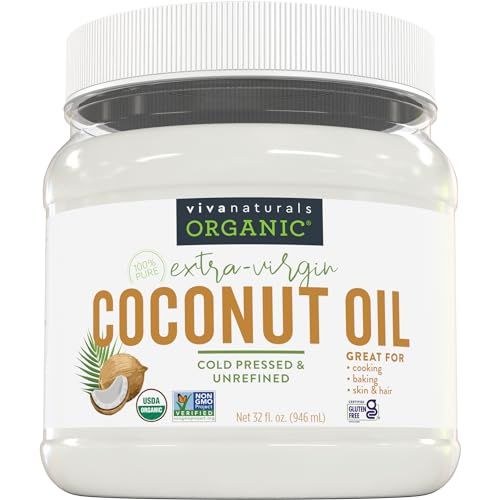 Viva Naturals Organic Coconut Oil - Unrefined and Cold-Pressed, Natural Hair Oil, Skin Oil and Cooking Oil with Fresh Flavor, Non-GMO Extra Virgin Coconut Oil (Aceite de Coco), USDA Organic, 32 oz