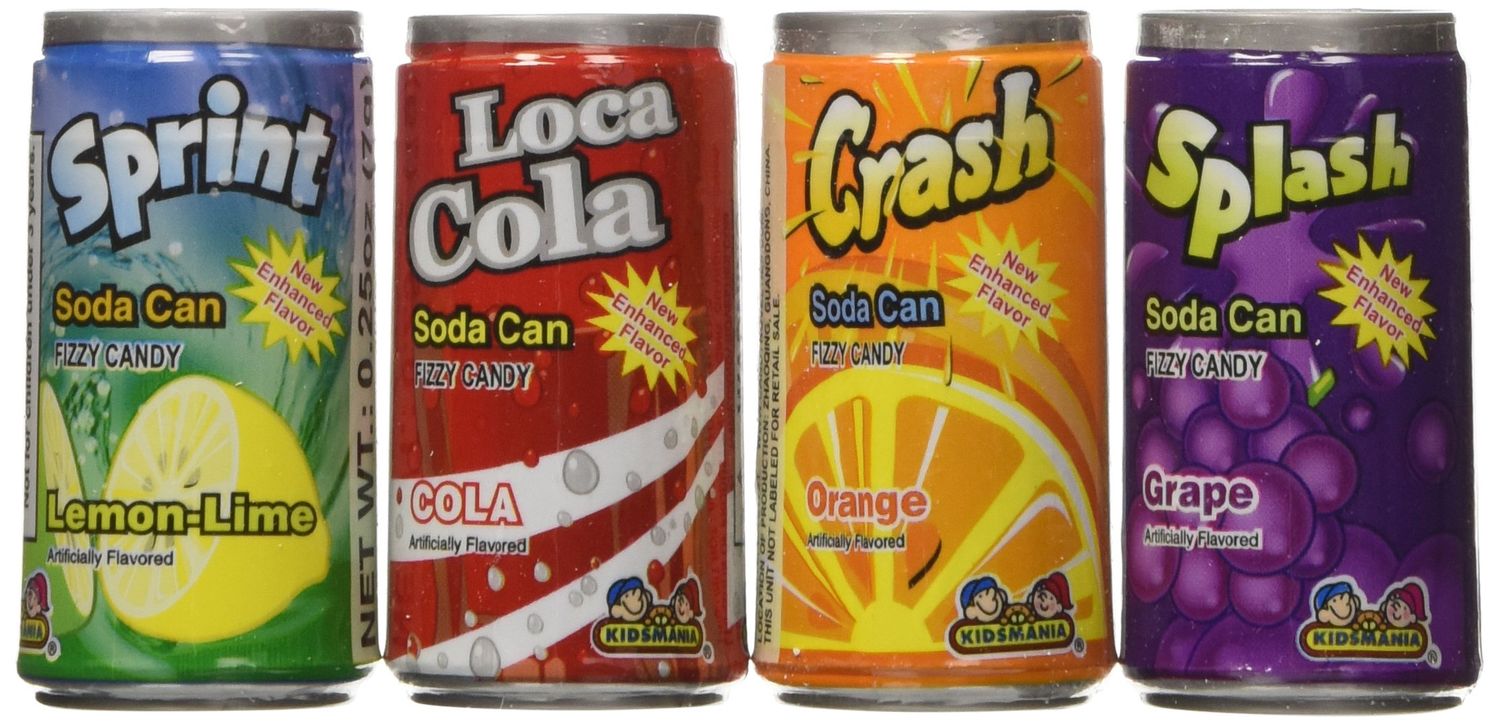 Kidsmania Soda Can Fizz Candy Variety Pack: Sprint Lemon Lime, Loca Cola, Crash Orange, Splash Grape - 0.25 Ounce, 72-Pack