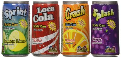 Kidsmania Soda Can Fizz Candy Variety Pack: Sprint Lemon Lime, Loca Cola, Crash Orange, Splash Grape - 0.25 Ounce, 72-Pack