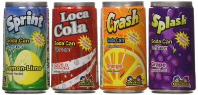 Kidsmania Soda Can Fizz Candy Variety Pack: Sprint Lemon Lime, Loca Cola, Crash Orange, Splash Grape - 0.25 Ounce, 72-Pack