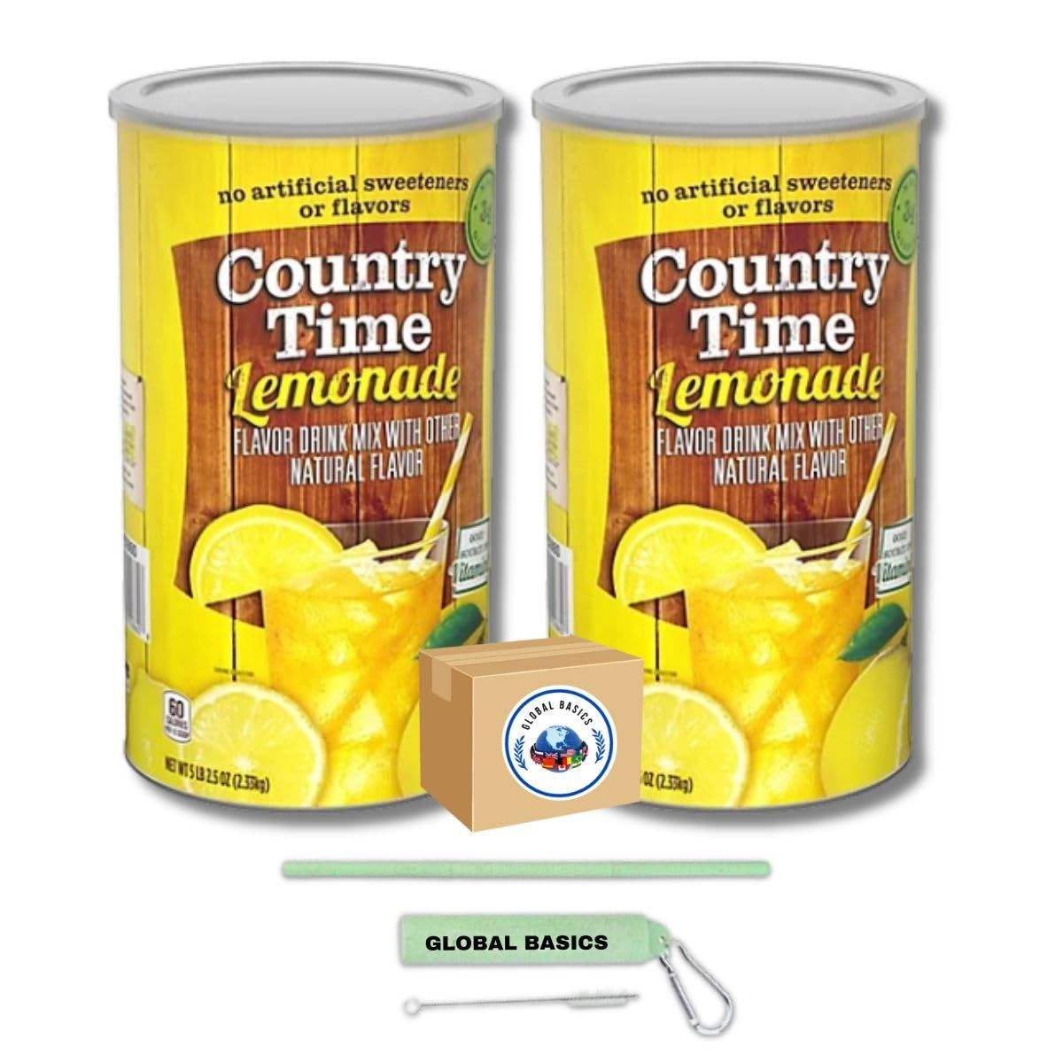 Global Basics 2 Pack of 82.5 oz Country Time Lemonade Mix | 2 Canisters, 165 oz TOTAL | Includes A Global Basics Reusable Straw Set!