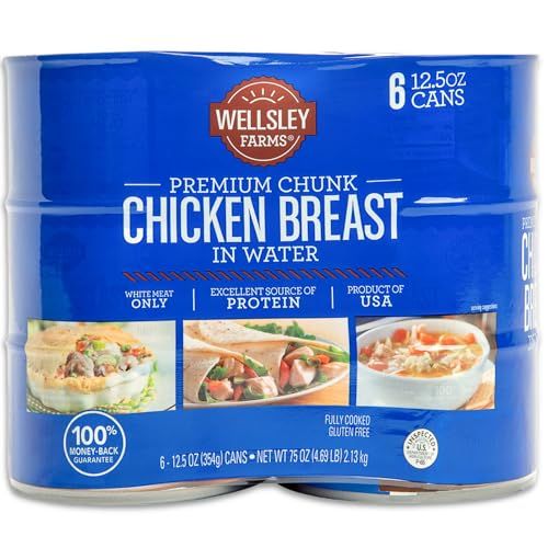 Wellsley Farms Premium White Chunk Chicken Breast in Water, 6 Cans (36 Total Servings) - Gluten-Free, Fully Cooked, USA-Made Chicken for Salads, Sandwiches &amp; Quick Meals (75 oz)
