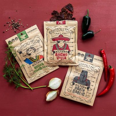 Righteous Felon Biltong Beef Jerky Variety Pack | South African Biltong Snack Packs for Adults | High Protein, Keto-Friendly, Low Sugar | Made with Premium Meats | Beef Jerky Gifts for Men | 3 Pack