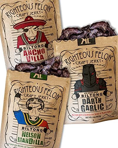 Righteous Felon Biltong Beef Jerky Variety Pack | South African Biltong Snack Packs for Adults | High Protein, Keto-Friendly, Low Sugar | Made with Premium Meats | Beef Jerky Gifts for Men | 3 Pack